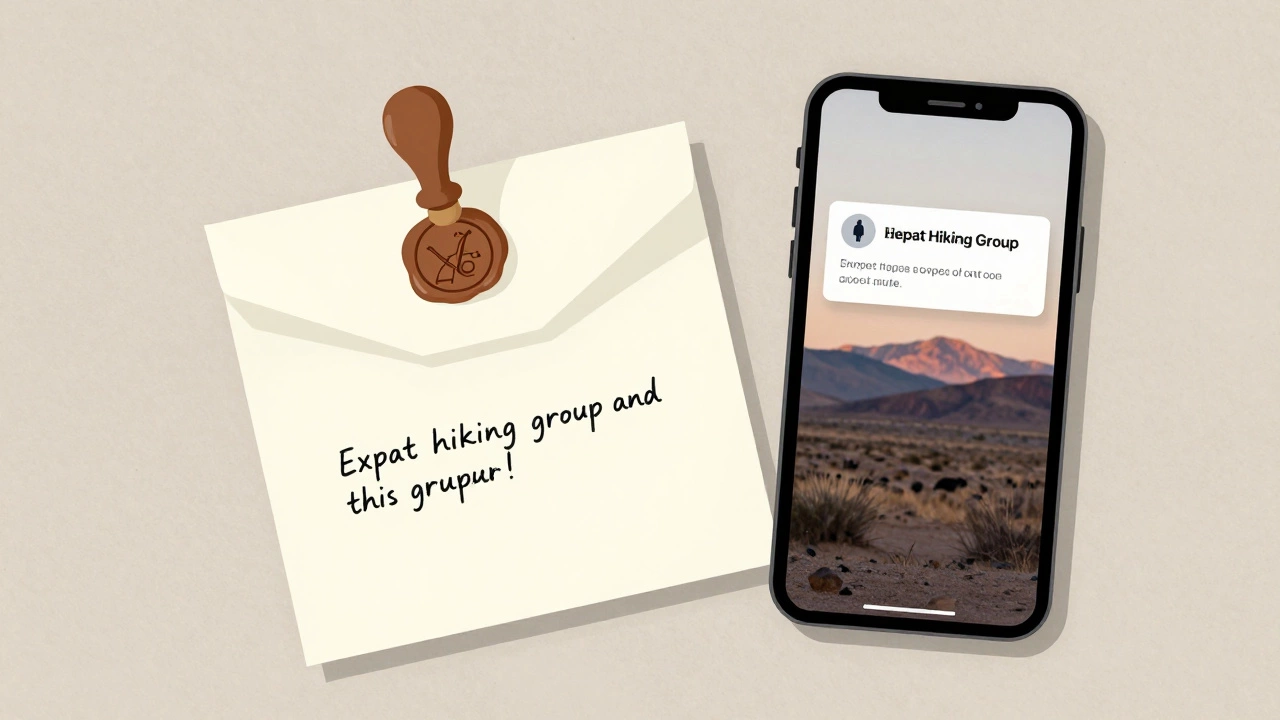 A sealed note and smartphone showing a Meetup notification for an expat hiking group.