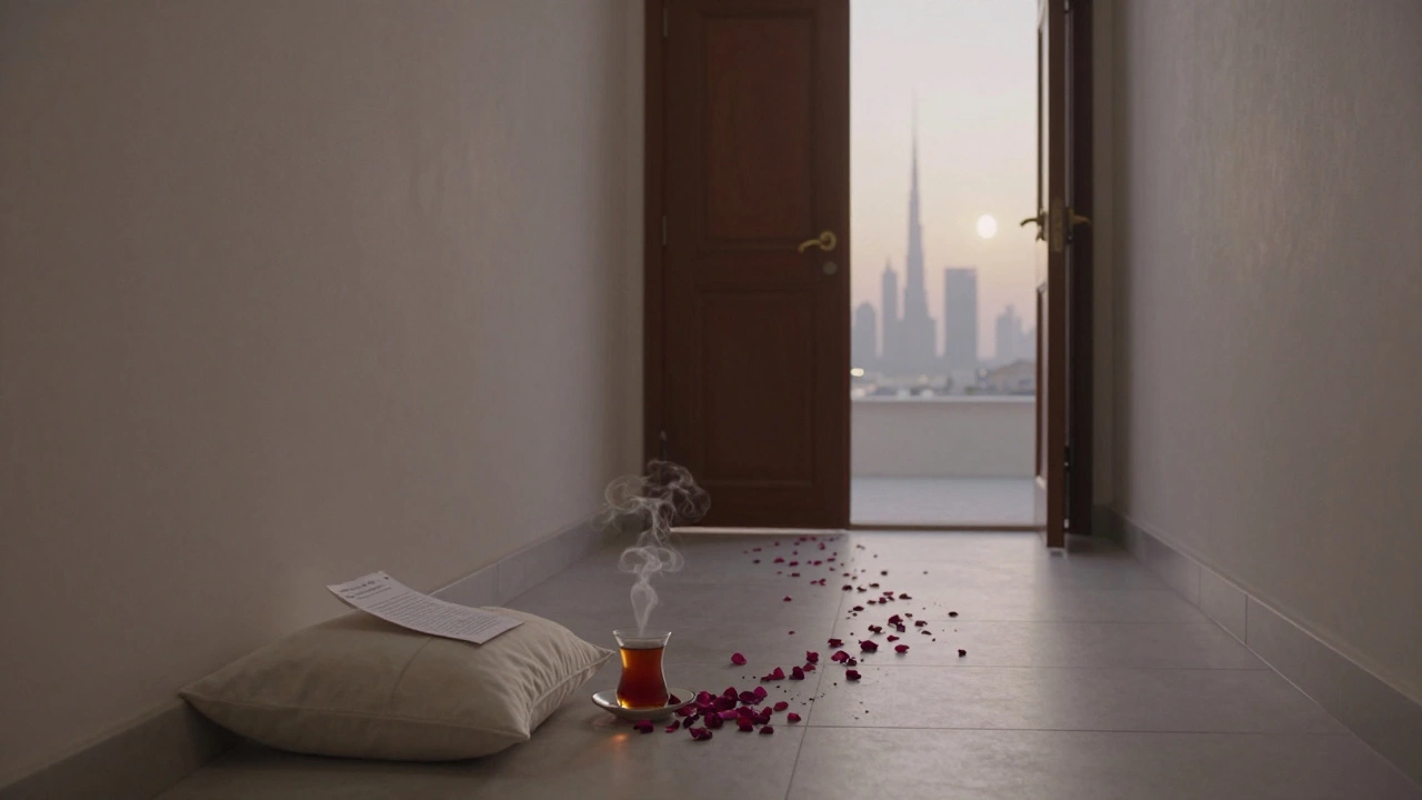 An empty pillow with a folded note and spilled tea, petal trail leading to a closed door, symbolizing quiet healing and transformation.