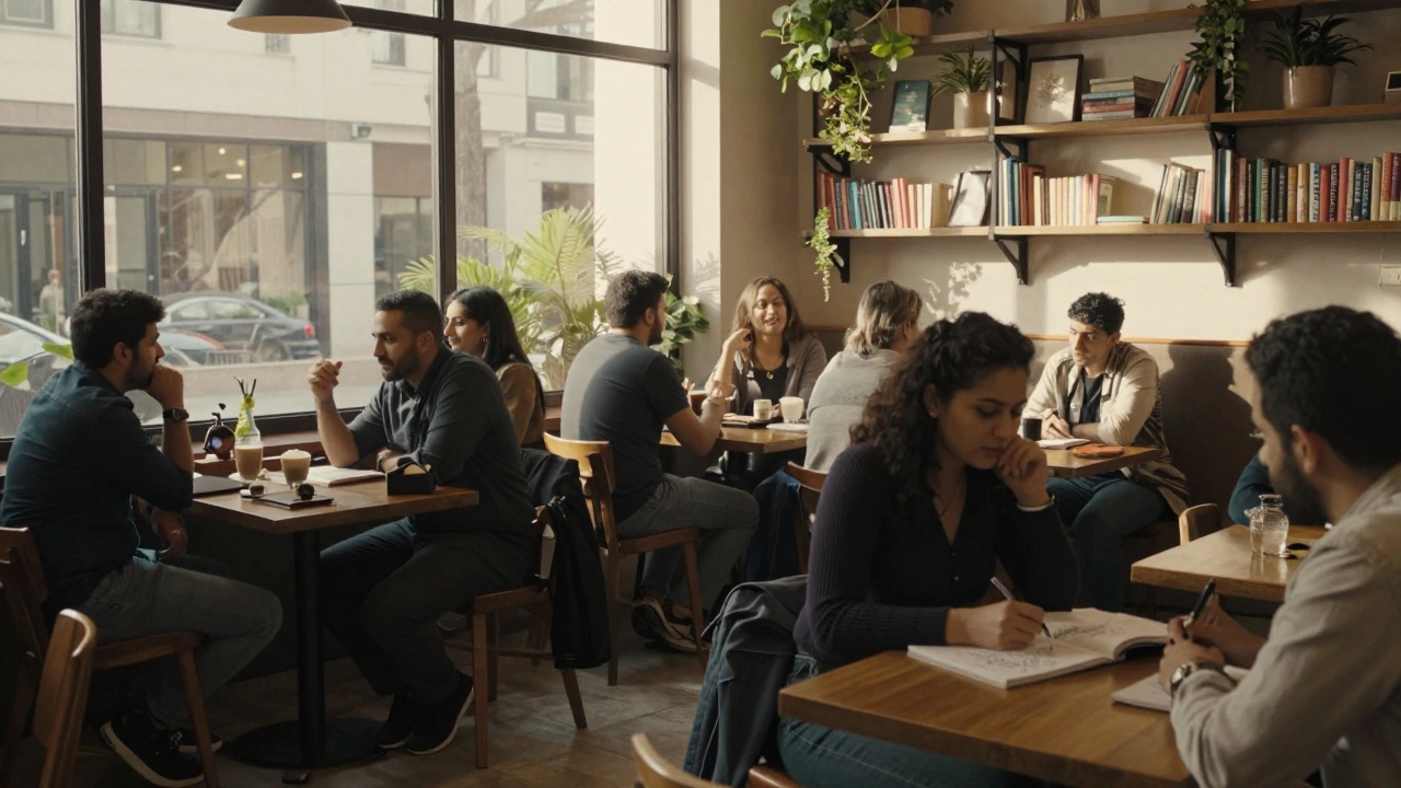 Diverse group of expats and locals chatting in a cozy coffee shop in Alserkal Avenue.